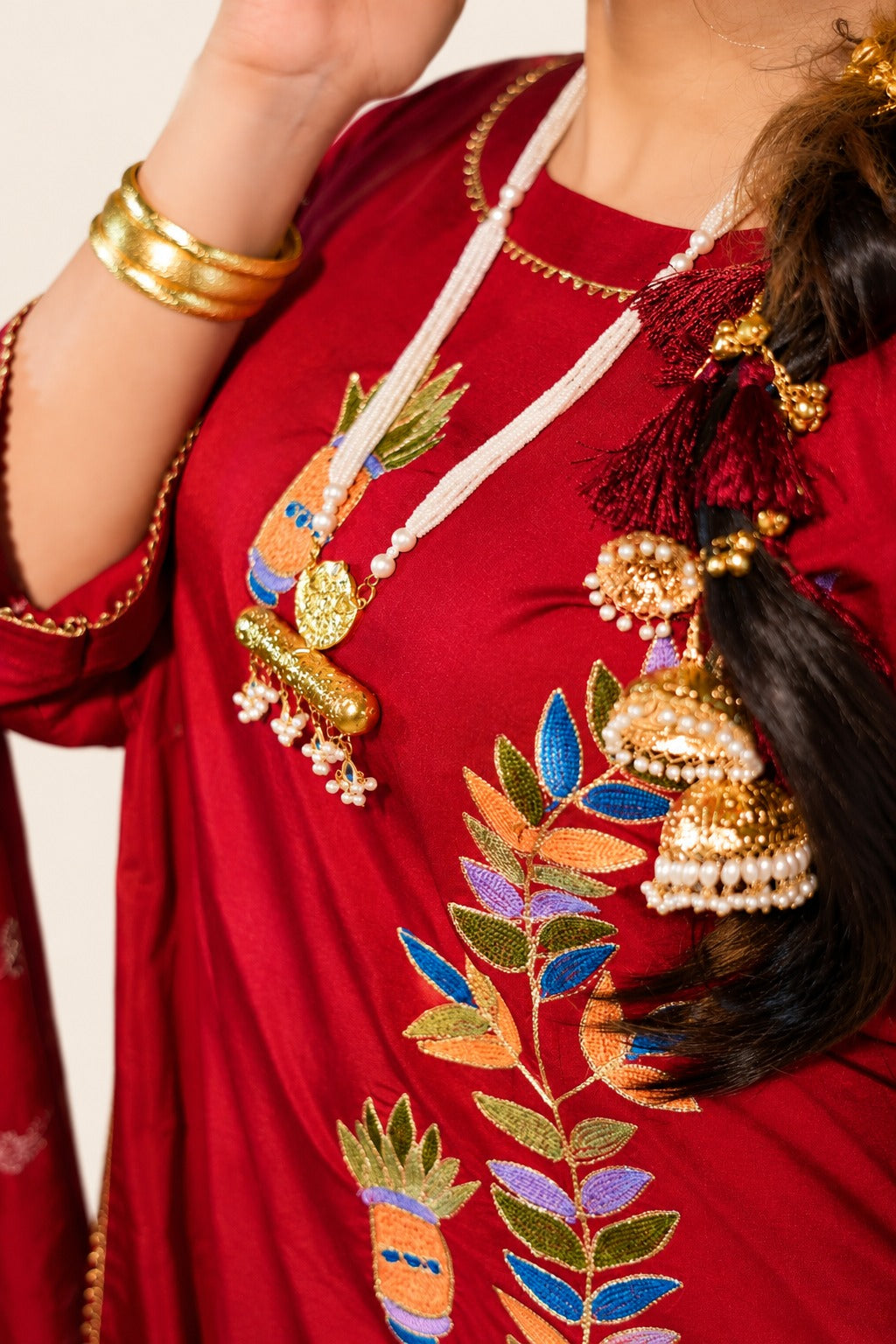 Red Embroidered Tasal Suit